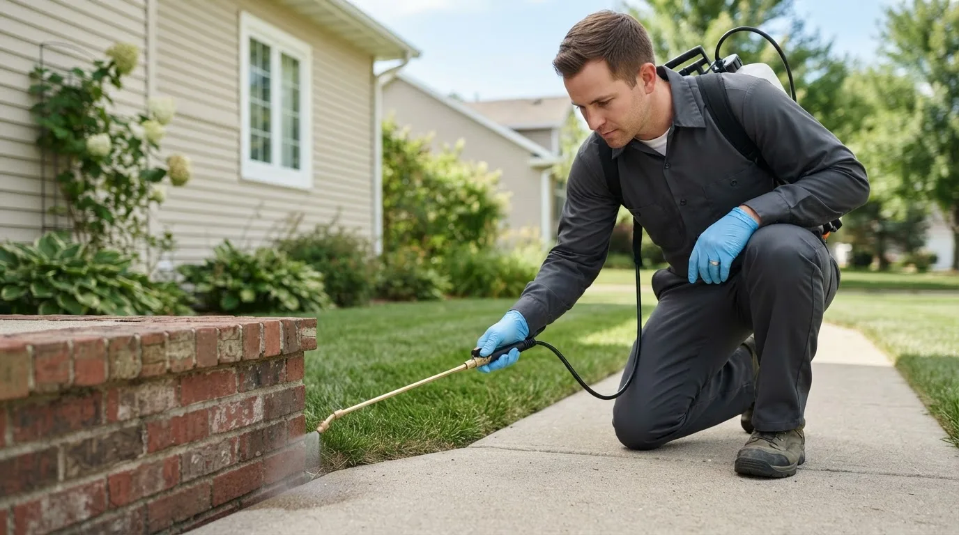 Pest control technician treating a home near Bejou, MN