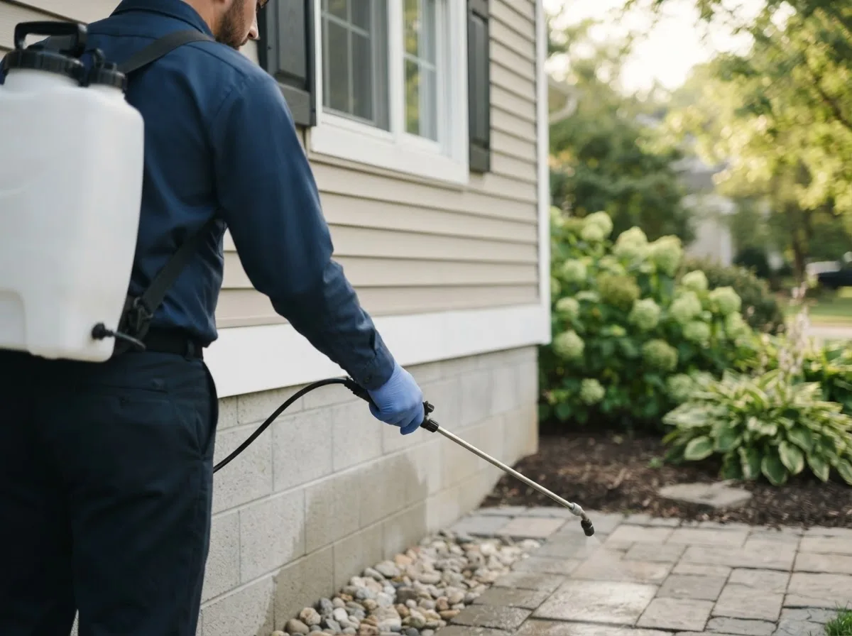 Pest control technician inspecting a home in Bejou, MN